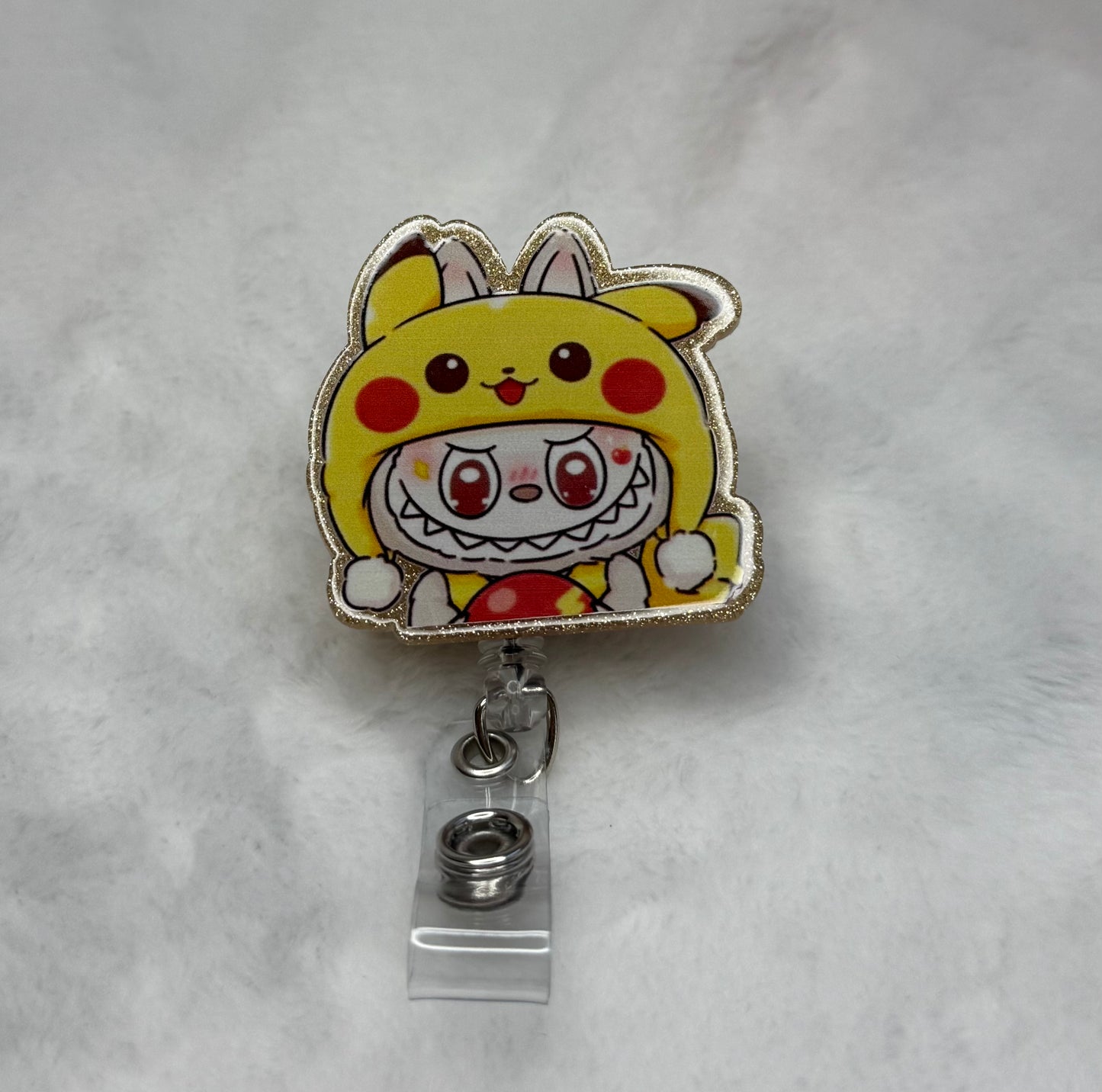 BR24 Labubu Head wearing Pikachu hat Badge Reel